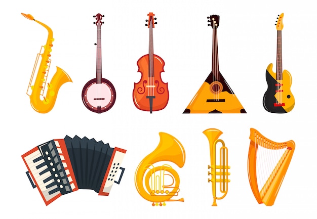 Vector music instruments cartoon set