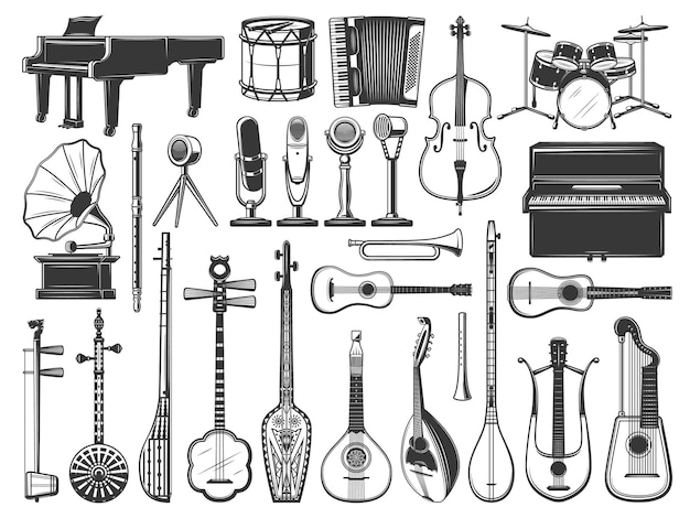 Vector music instruments drum, violin, guitar and piano