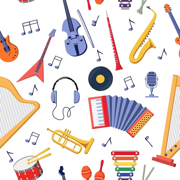 music instruments pattern background with musical notes and orchestra equipment maraca or piano electric guitar cartoon violin and trumpet percussion drum seamless vector print