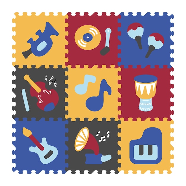 Music instruments puzzle mat illustration with 9 pieces foam puzzle design