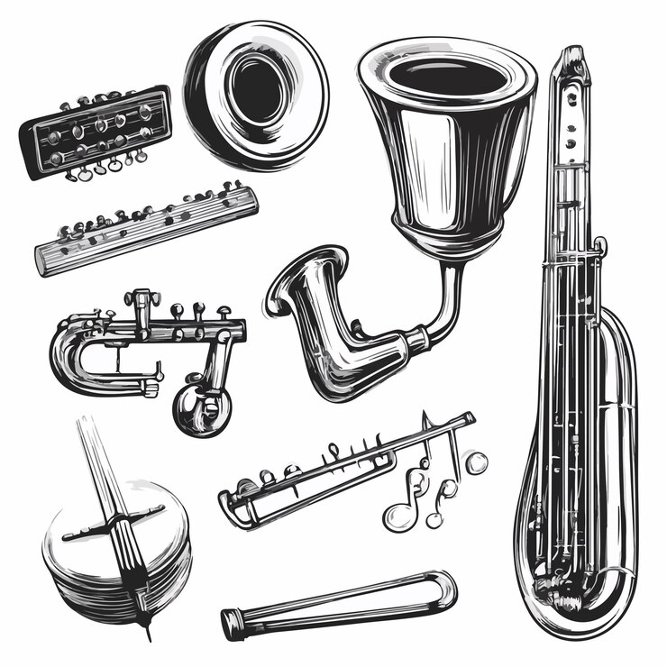 Vector music instruments set in black and white vector illustration