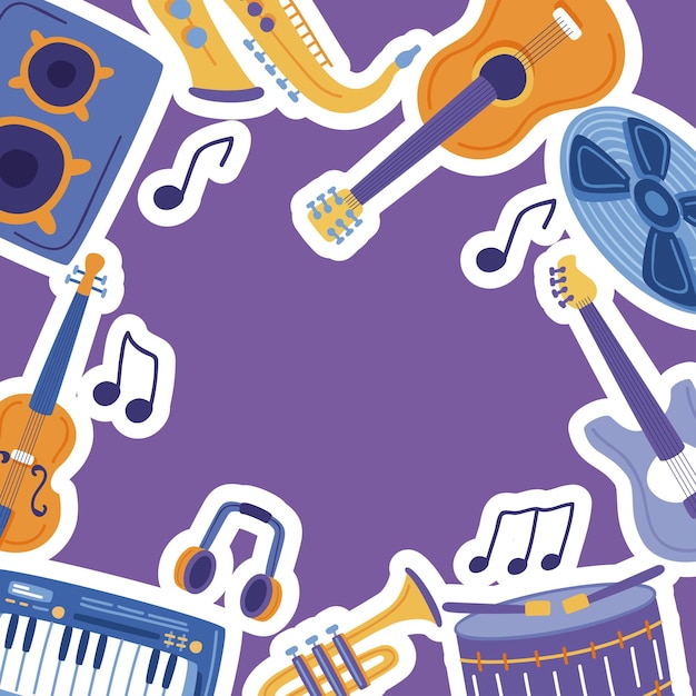 Vector music and instruments stickers collection