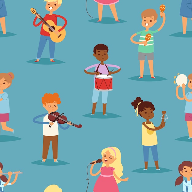 子供の歌や楽器のギター、ヴァイオリン、フルートの子供時代のキディイラストのシームレスなパターンの背景でフルートを演奏する子供たちの音楽子供漫画のキャラクターセット