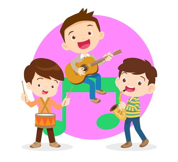 Vector music kidsplay music concept of music school child musician various actions playing music