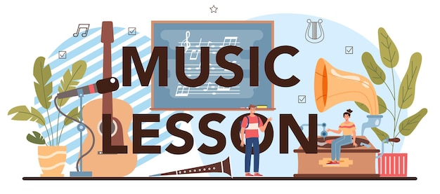 Vector music lesson typographic header. students learn to play music. young musician