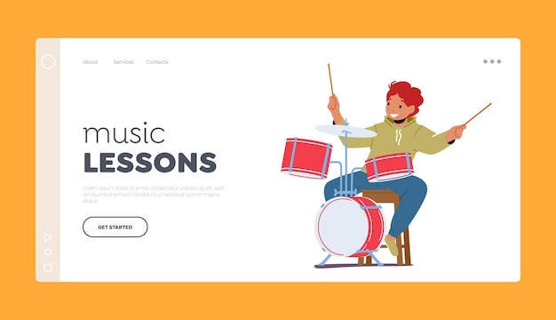 Music lessons landing page template boy drummer playing musical composition performance on stage or exam talent show