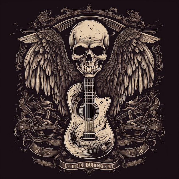 Music logo skull wings and guitar vector illustration design