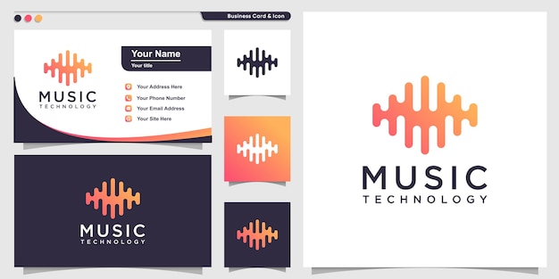 Music logo with gradient technology line art style and business card design template