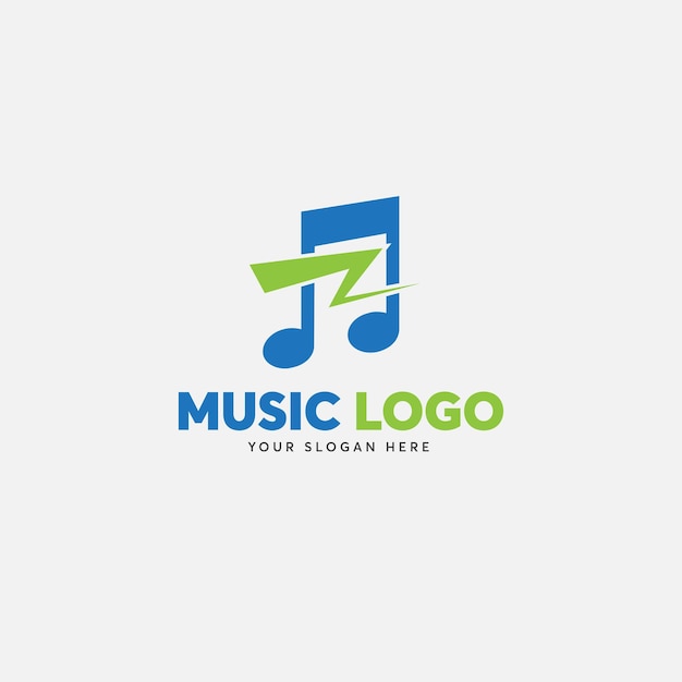 Music logo with a green and blue music note on a white background