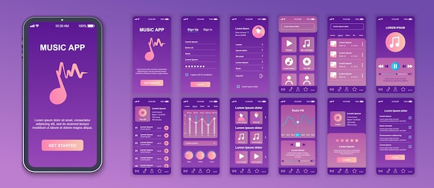 Vector music mobile app interface screens template set account login settings song collection playlists player and equalizer radio pack of ui ux gui kit for application web layout vector design