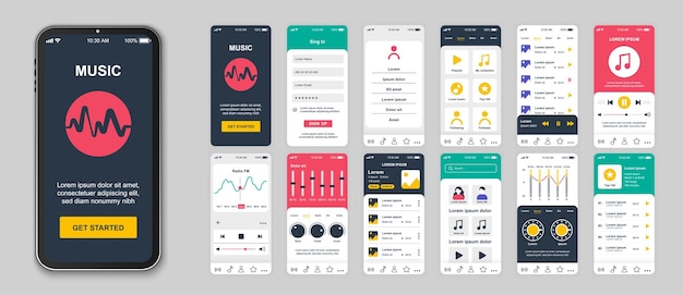 Schermate di app per dispositivi mobili musicali impostate per modelli web confezione di playlist di account di accesso impostazioni dell'equalizzatore del lettore audio radio e altri mockup kit di interfaccia utente gui ui ux per layout design vettoriale