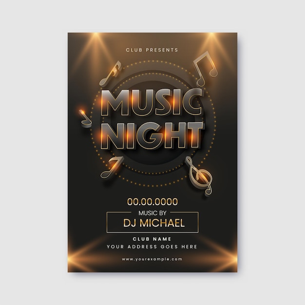 Music night party flyer design met 3d-muzieknoten in zwarte kleur