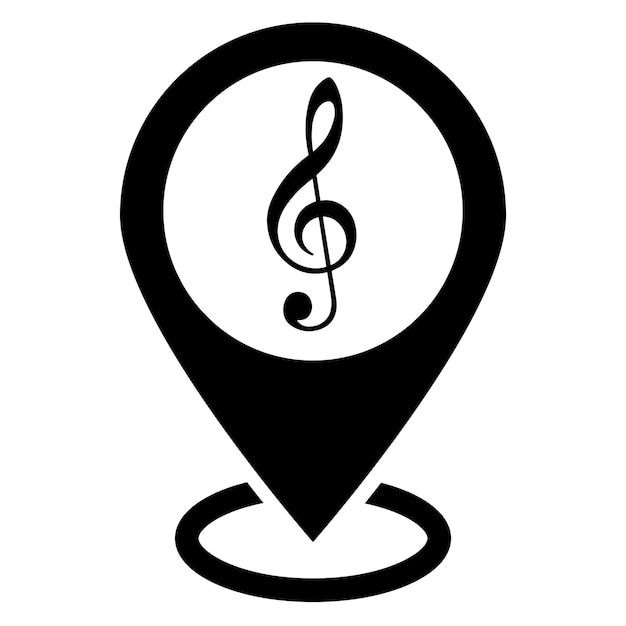 Icona di musica e nota sul simbolo del pin di posizione del segno di posizione della mappa