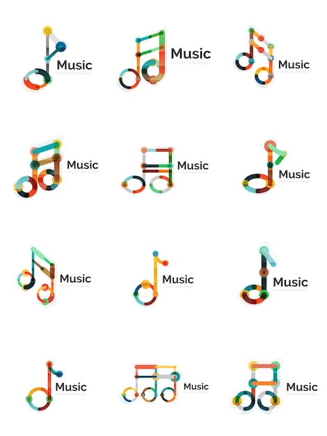 音楽注記ロゴ フラット細い線の幾何学的なアイコンを設定