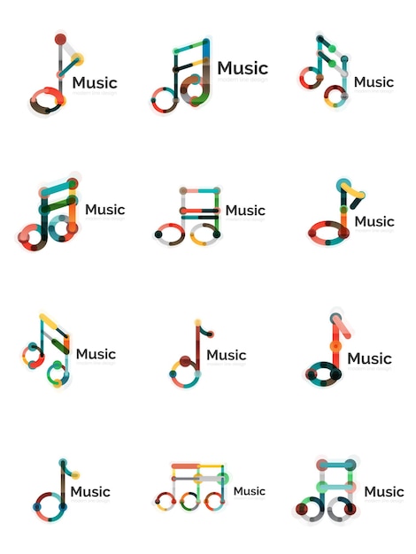 music note logo set flat thin line geometric icons