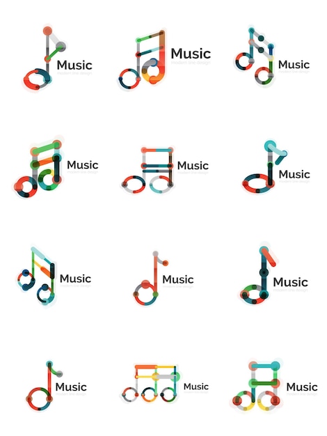 music note logo set flat thin line geometric icons