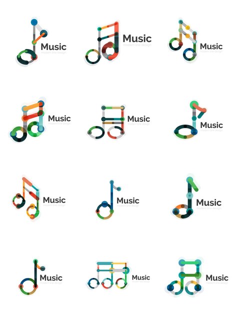 music note logo set flat thin line geometric icons
