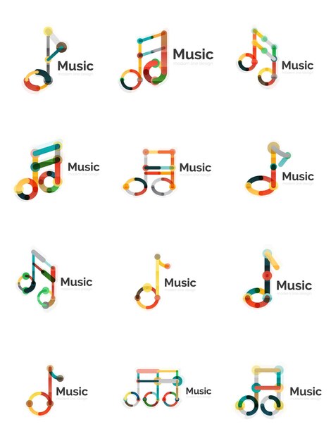 music note logo set flat thin line geometric icons
