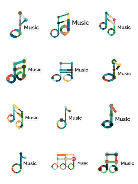music note logo set flat thin line geometric icons