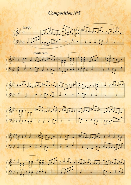 Vector music note sheet with difficult melody on old paper