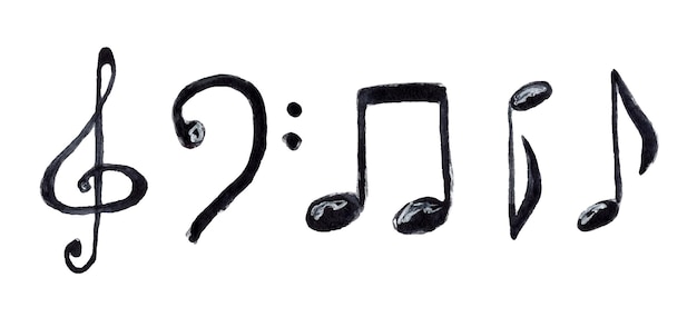 Music notes black and white hand drawn watercolor illustration isolated on white