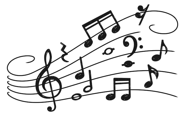 Vector music notes on curved staff melody wave icon