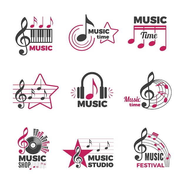Music notes logo. Badges with song and sound symbols audio podcast radio logos  collection