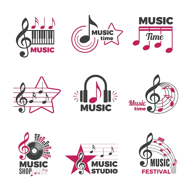 Music notes logo. badges with song and sound symbols audio podcast radio logos  collection