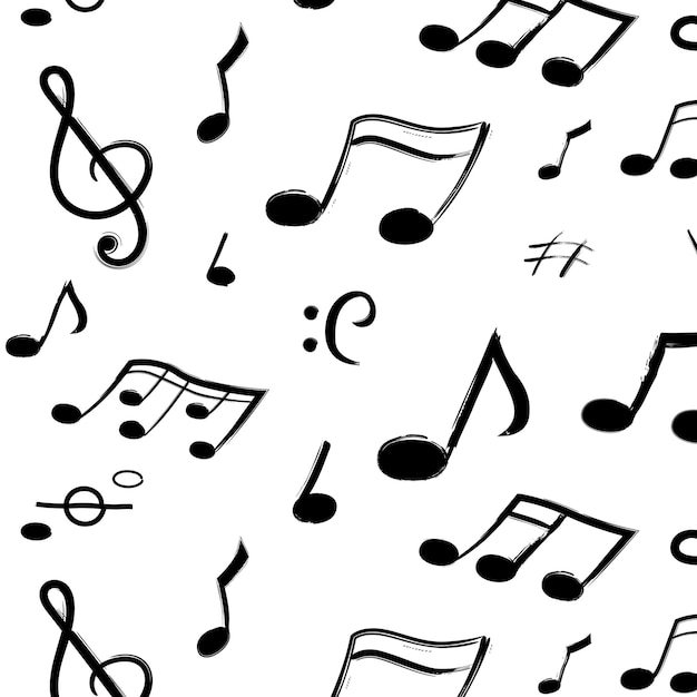 Modello di note musicali seamless texture di simboli musicali disegnati a mano segni sonori neri su sfondo bianco scrittura calligrafica modello decorativo vettoriale per tessuti e carta da parati