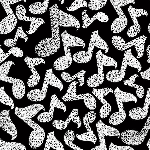 Music notes seamless pattern, musical theme repeating vector background, with hand drawn lines textures.