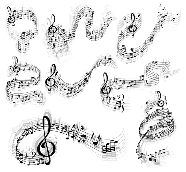 Вектор Музыкальные ноты, завитки нотоносцев, скрипичные ключи