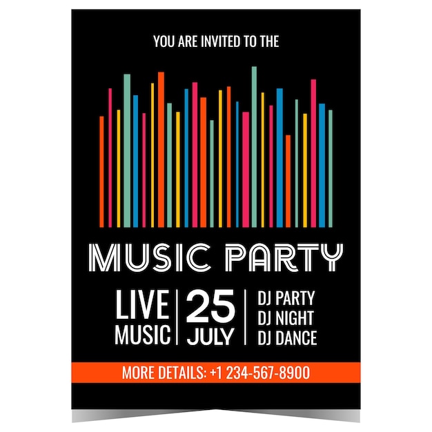 Music party banner poster or invitation flyer with colourful stripes and white text