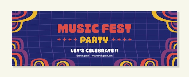 Music party festival banner template horizontal with flat retro trendy 90s abstract shapes