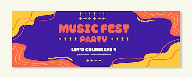 Music party festival banner template horizontal with flat retro trendy 90s abstract shapes