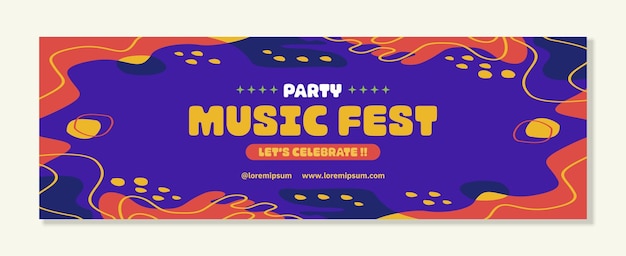 Music party festival banner template horizontal with flat retro trendy 90s abstract shapes