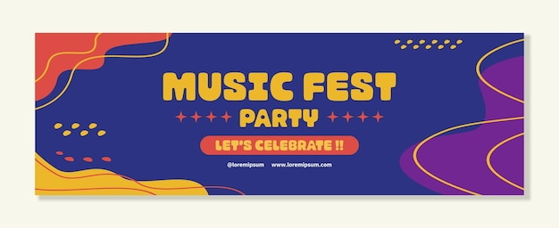 Music party festival banner template horizontal with flat retro trendy 90s abstract shapes