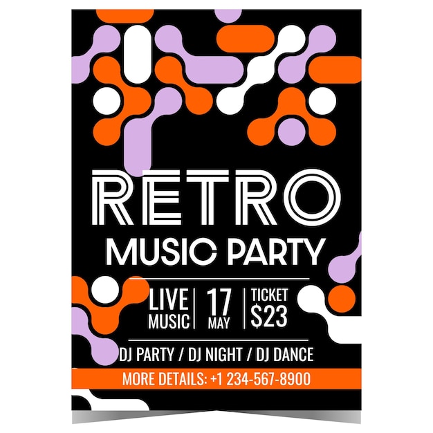 Vector music party invitation in old retro style with abstract elements on a black background