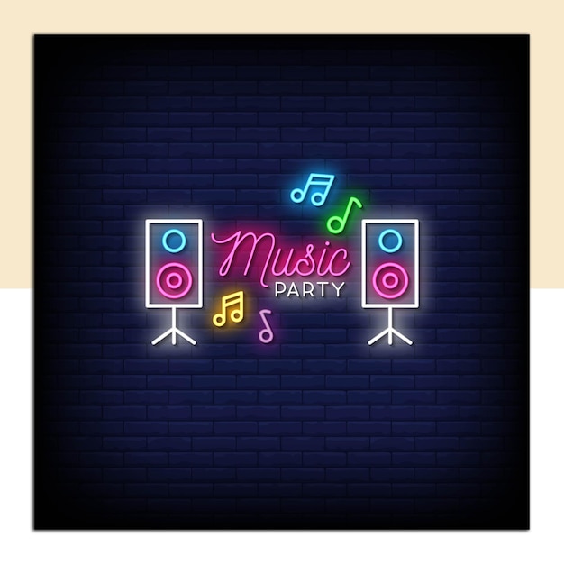 Vector music party neon sign on brick wall background vector