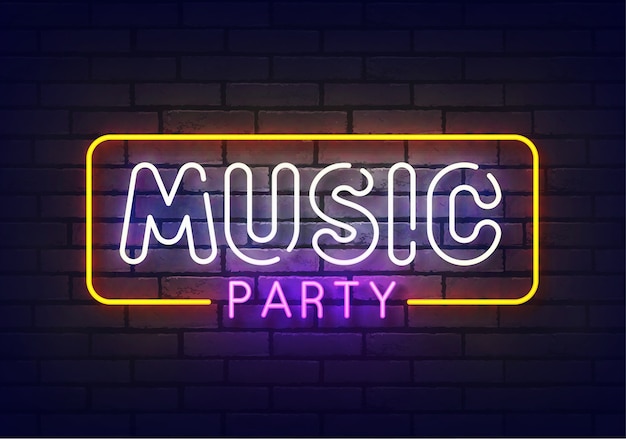 Music party neon sign. sign of music party with colorful neon lights isolated on brick wall.