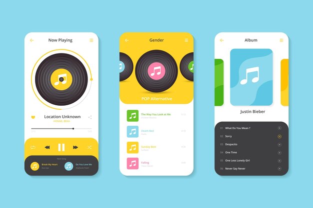 Vettore modello di interfaccia dell'app lettore musicale