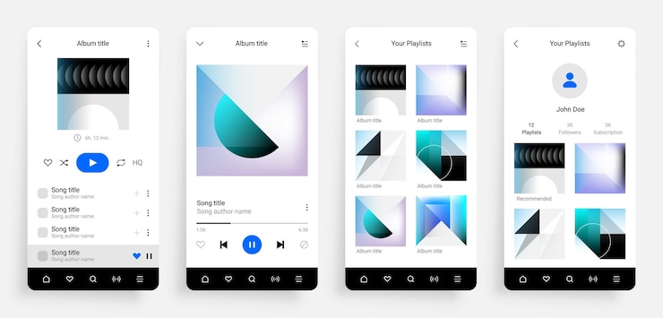 Vector music player app mobile application interface with musical album song playlist and social network page realistic smartphone ui with buttons for playing tunes vector touchscreen
