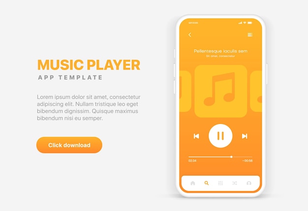 モバイル アプリ、ビジネス、ウェブサイト用の音楽プレーヤー アプリケーション インターフェイス。サウンド アプリ ui ux gui テンプレート。