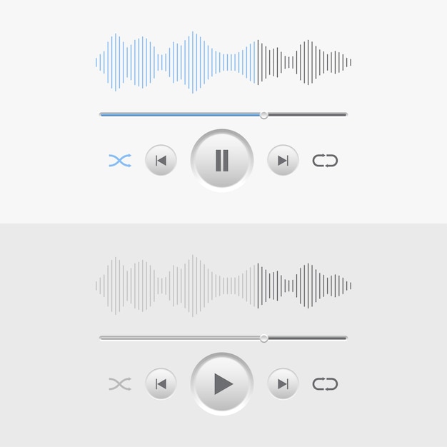 벡터 흰색 파란색 회색 조합 색상으로 재생 및 일시 정지 모드를 갖춘 음악 플레이어 디자인 인터페이스