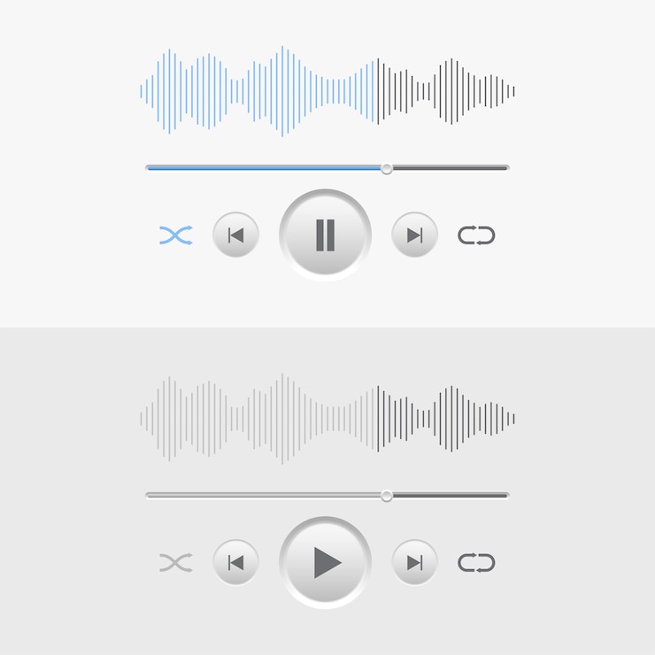 Vector 白、青、灰色の組み合わせ色の再生および一時停止モードを備えた音楽プレーヤーのデザインインターフェイス