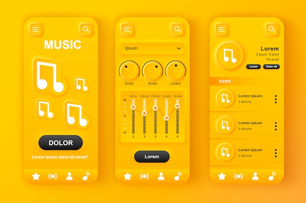 Vector music player unique neumorphic yellow design kit.