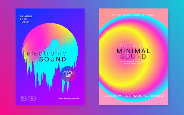 Music poster set Electronic sound Night dance lifestyle holiday Minimal trance show cover design Fluid holographic gradient shape and line Summer fest flyer and music poster