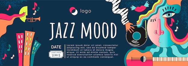 Poster musicale in stile cartone animato astratto alla moda. modello di banner vettoriale.