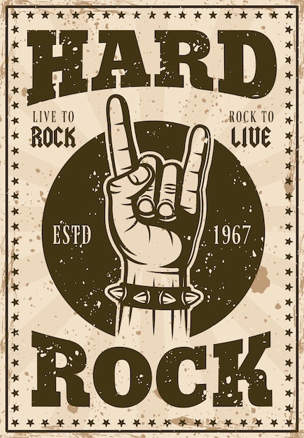 Manifesto di musica con l'illustrazione di gesto di mano di hard rock e corna di titolo