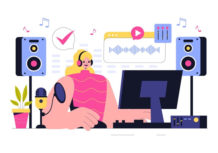 Vector music production illustration featuring people listening to and music recording an audio podcast or online show with professional studio equipment