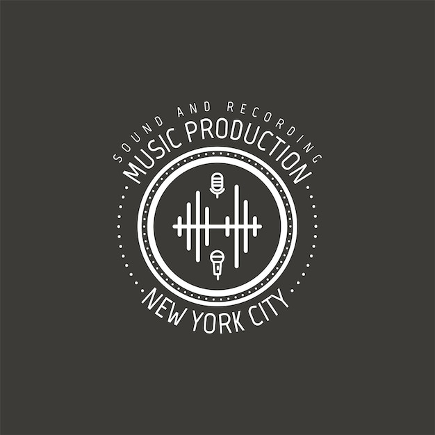 Music production. New york city vector label, badge, emblem logo with musical instrument. Stock vector illustration isolated on dark background.